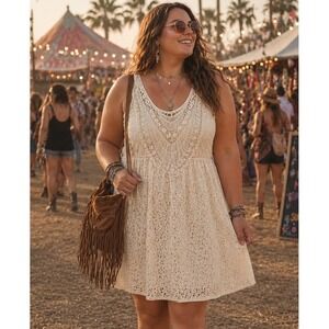 Maurices Ivory Lace Boho Dress Plus Size 14 16 Crochet Overlay Festival Romantic
